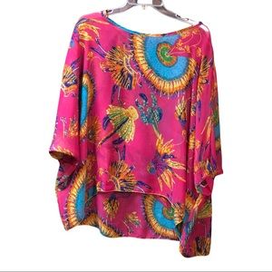 Fuchsia Teal Yellow Tunic Top American Indian Print 3/4 Length Sleeve Size XL